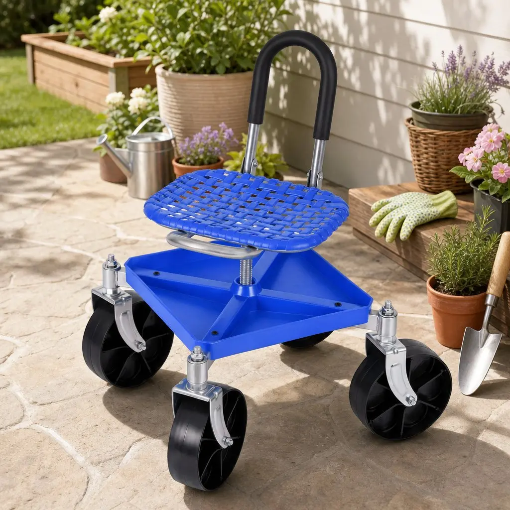 Height Adjustable Garden Stool Blue with 360 Swivel Castors and Under Seat Storage