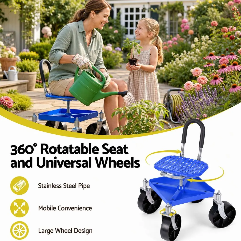 Height Adjustable Garden Stool Blue with 360 Swivel Castors and Under Seat Storage