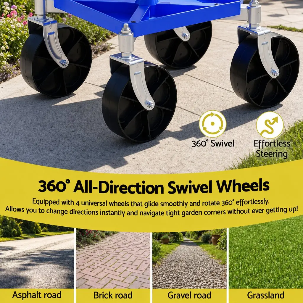 Height Adjustable Garden Stool Blue with 360 Swivel Castors and Under Seat Storage