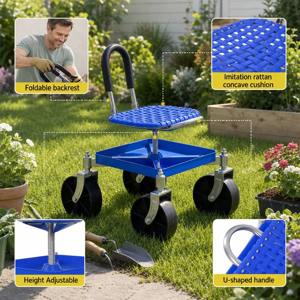 Height Adjustable Garden Stool Blue with 360 Swivel Castors and Under Seat Storage