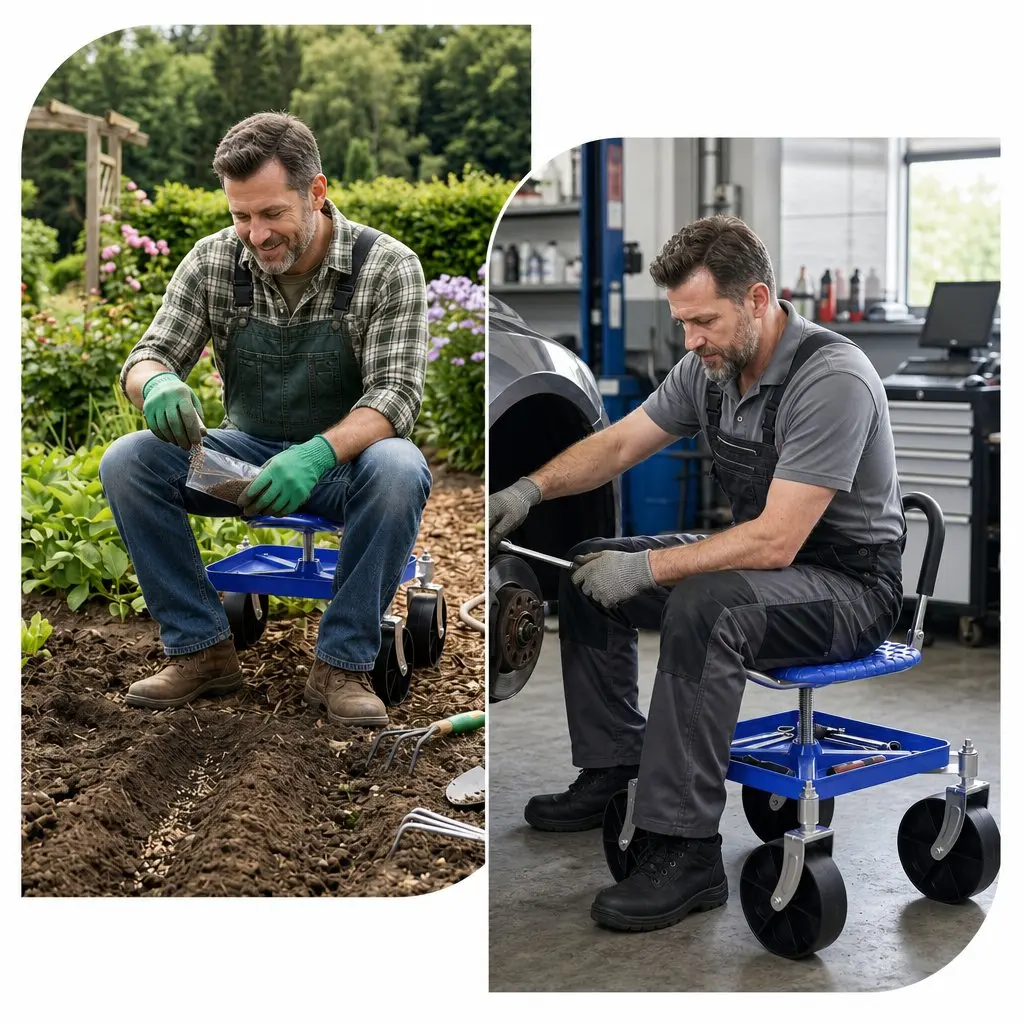 Height Adjustable Garden Stool Blue with 360 Swivel Castors and Under Seat Storage