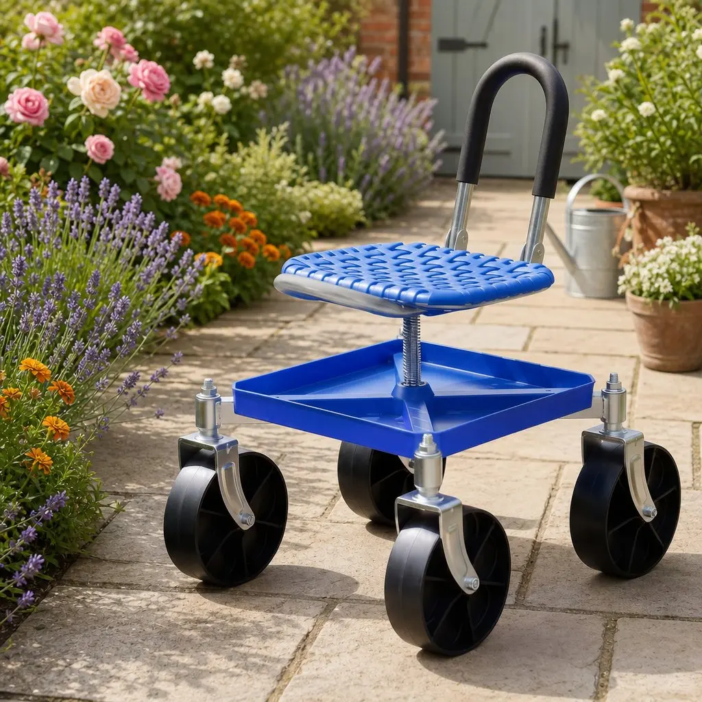 Height Adjustable Garden Stool Blue with 360 Swivel Castors and Under Seat Storage