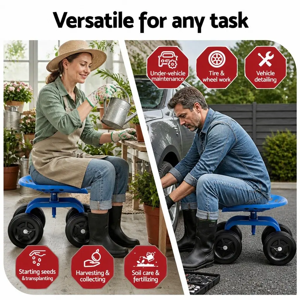 Garden Rolling Seat 360 Swivel Adjustable Height Work Scooter Cart Wheels 150kg