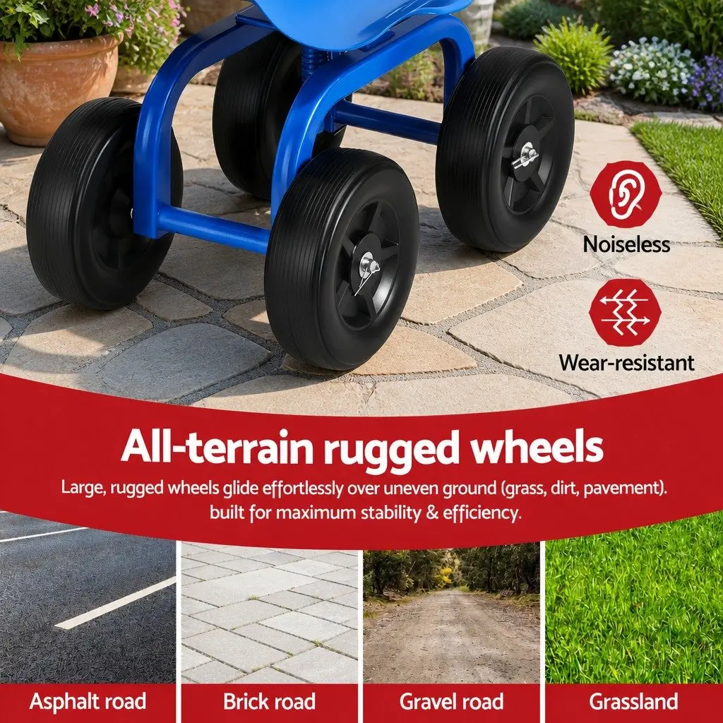 Garden Rolling Seat 360 Swivel Adjustable Height Work Scooter Cart Wheels 150kg