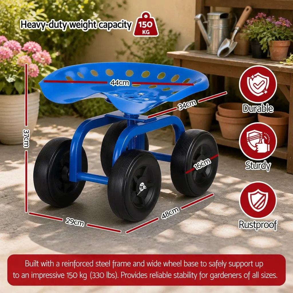 Garden Rolling Seat 360 Swivel Adjustable Height Work Scooter Cart Wheels 150kg