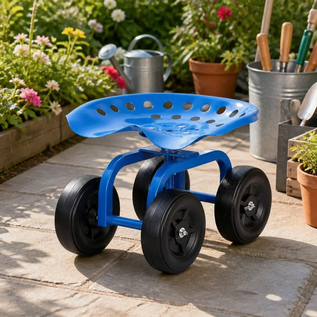 Garden Rolling Seat 360 Swivel Adjustable Height Work Scooter Cart Wheels 150kg