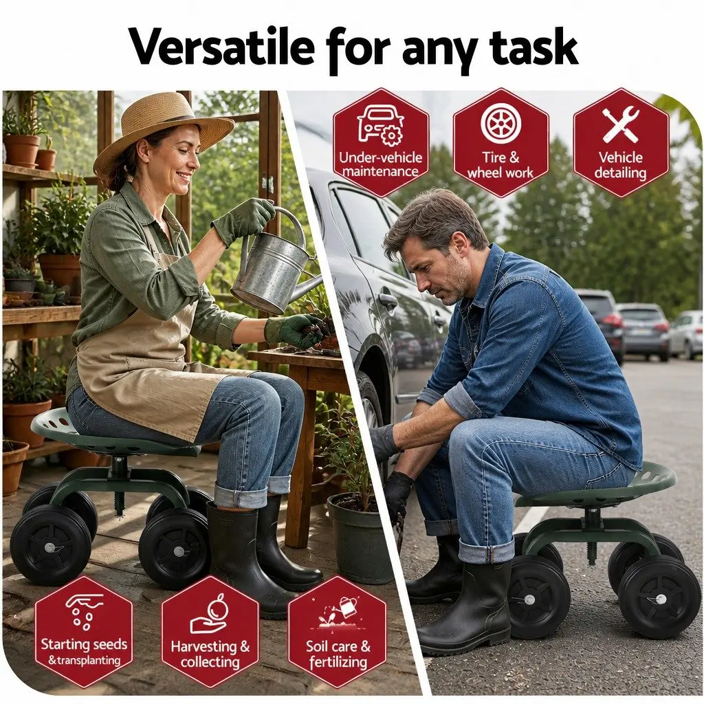 Rolling Garden Seat Swivel Work Stool Adjustable Height Cart Wheels 150kg