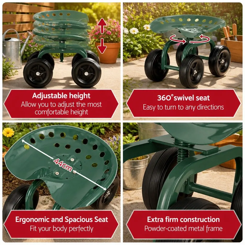 Rolling Garden Seat Swivel Work Stool Adjustable Height Cart Wheels 150kg