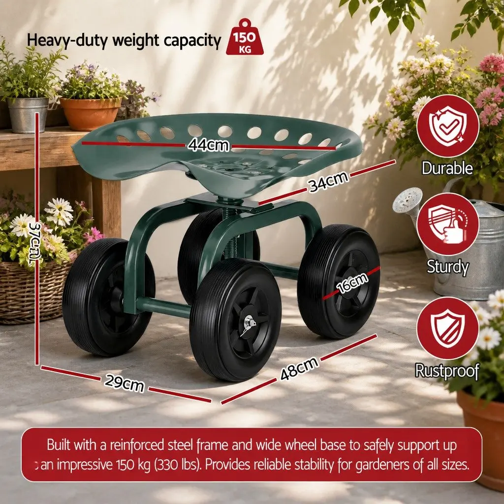 Rolling Garden Seat Swivel Work Stool Adjustable Height Cart Wheels 150kg
