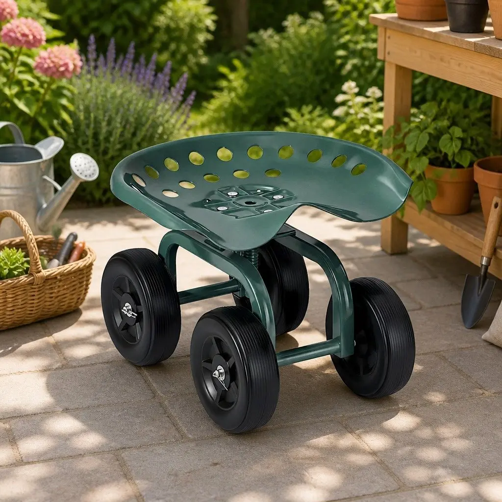 Rolling Garden Seat Swivel Work Stool Adjustable Height Cart Wheels 150kg