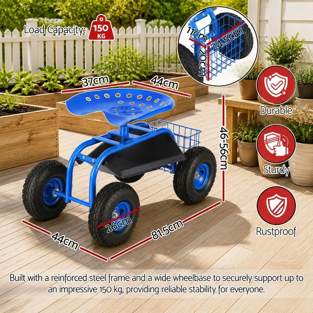Garden Rolling Stool 360 Swivel Adjustable Height 46cm to 56cm Blue