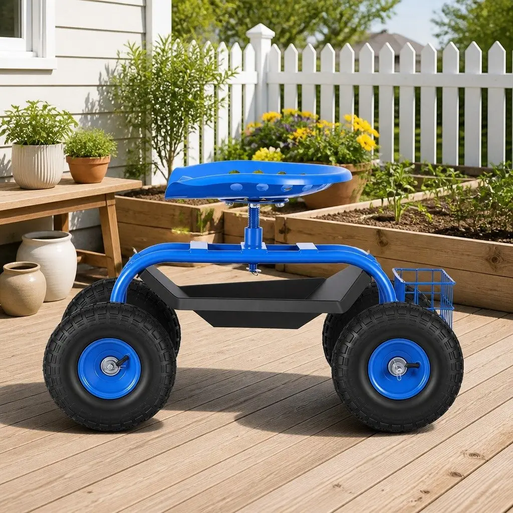 Garden Rolling Stool 360 Swivel Adjustable Height 46cm to 56cm Blue
