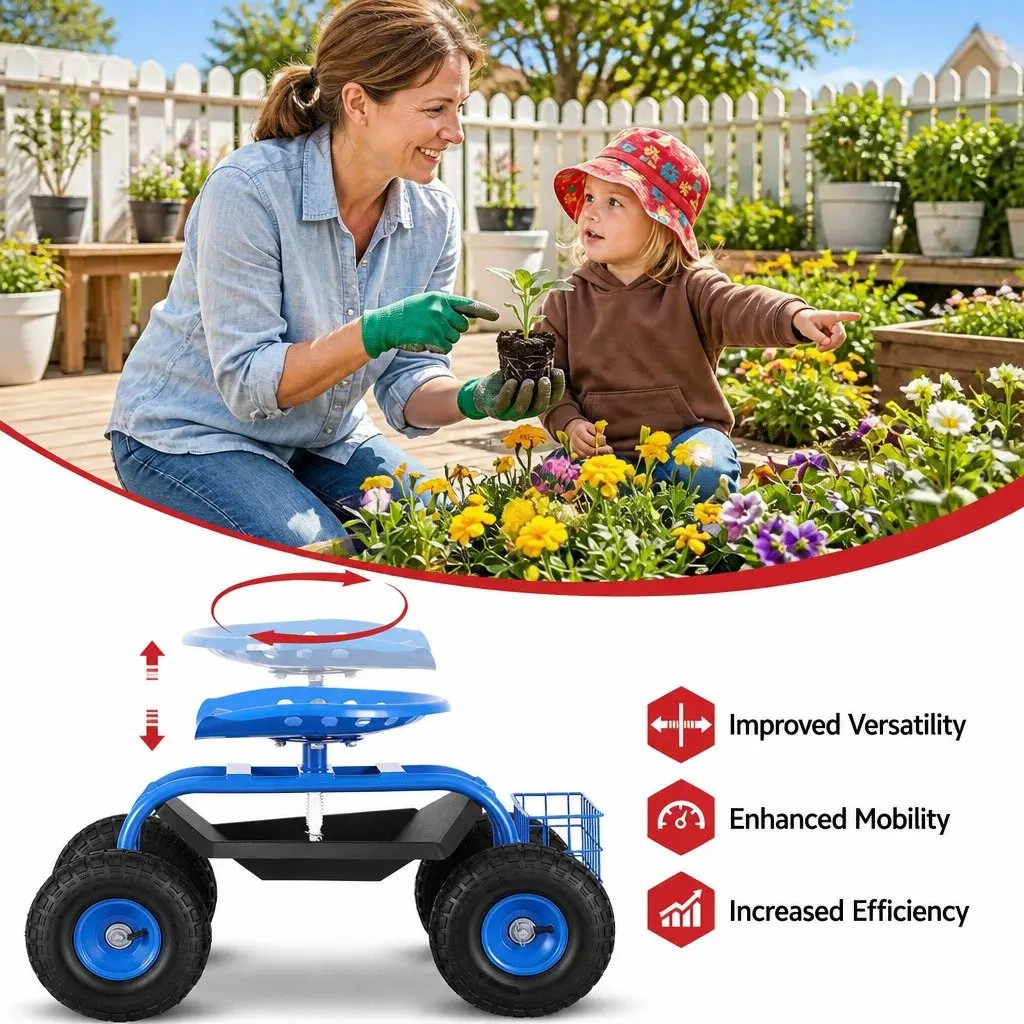 Garden Rolling Stool 360 Swivel Adjustable Height 46cm to 56cm Blue