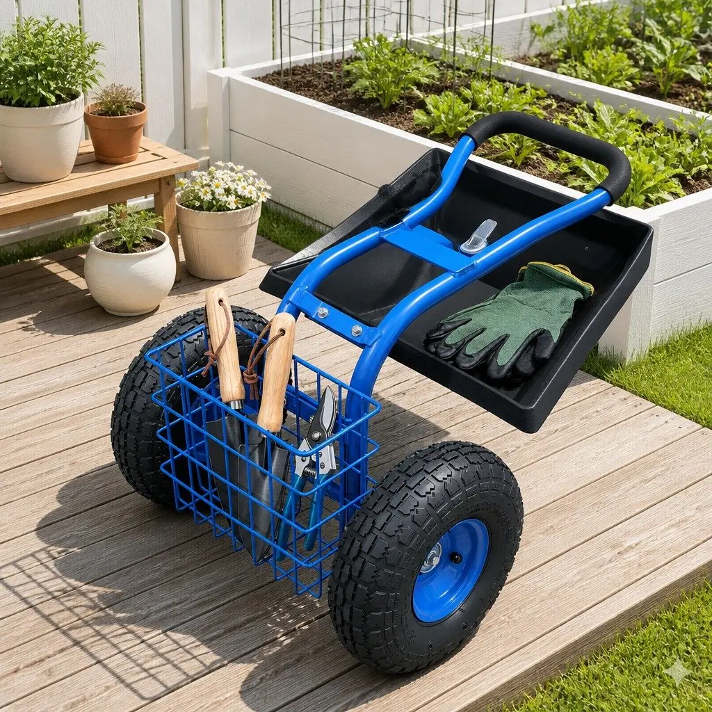 Garden Rolling Stool 360 Swivel Adjustable Height 46cm to 56cm Blue