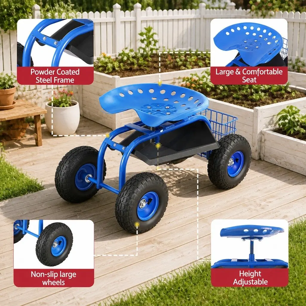 Garden Rolling Stool 360 Swivel Adjustable Height 46cm to 56cm Blue