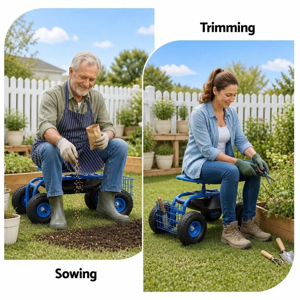 Garden Rolling Stool 360 Swivel Adjustable Height 46cm to 56cm Blue