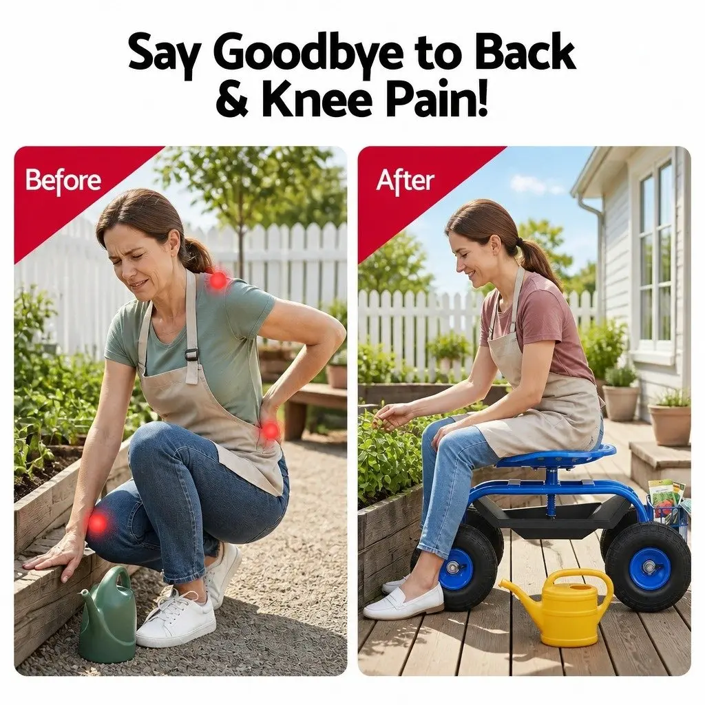 Garden Rolling Stool 360 Swivel Adjustable Height 46cm to 56cm Blue