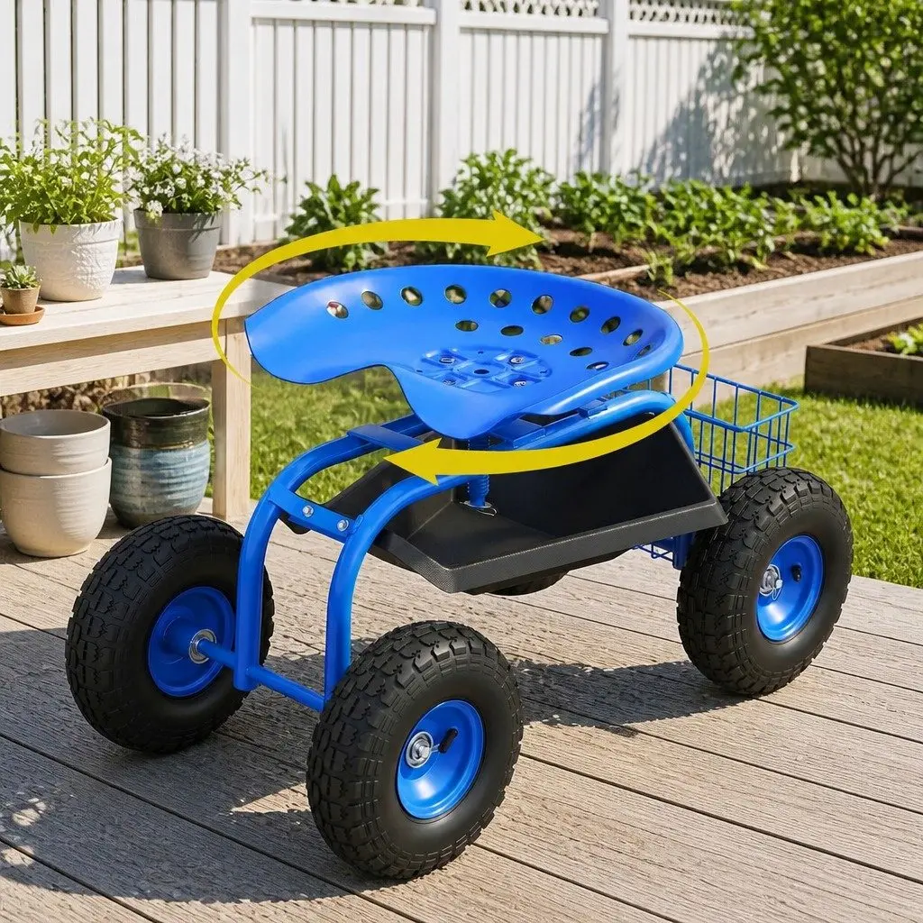 Garden Rolling Stool 360 Swivel Adjustable Height 46cm to 56cm Blue