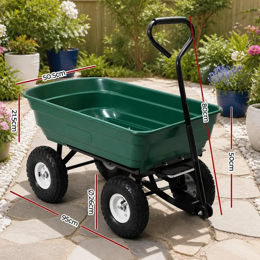 Garden Dump Cart 75L Green Trolley Hand Trailer 270kg Capacity Wheelbarrow
