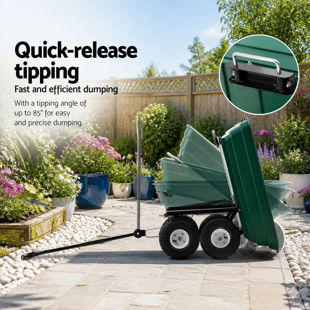 Garden Dump Cart 75L Green Trolley Hand Trailer 270kg Capacity Wheelbarrow