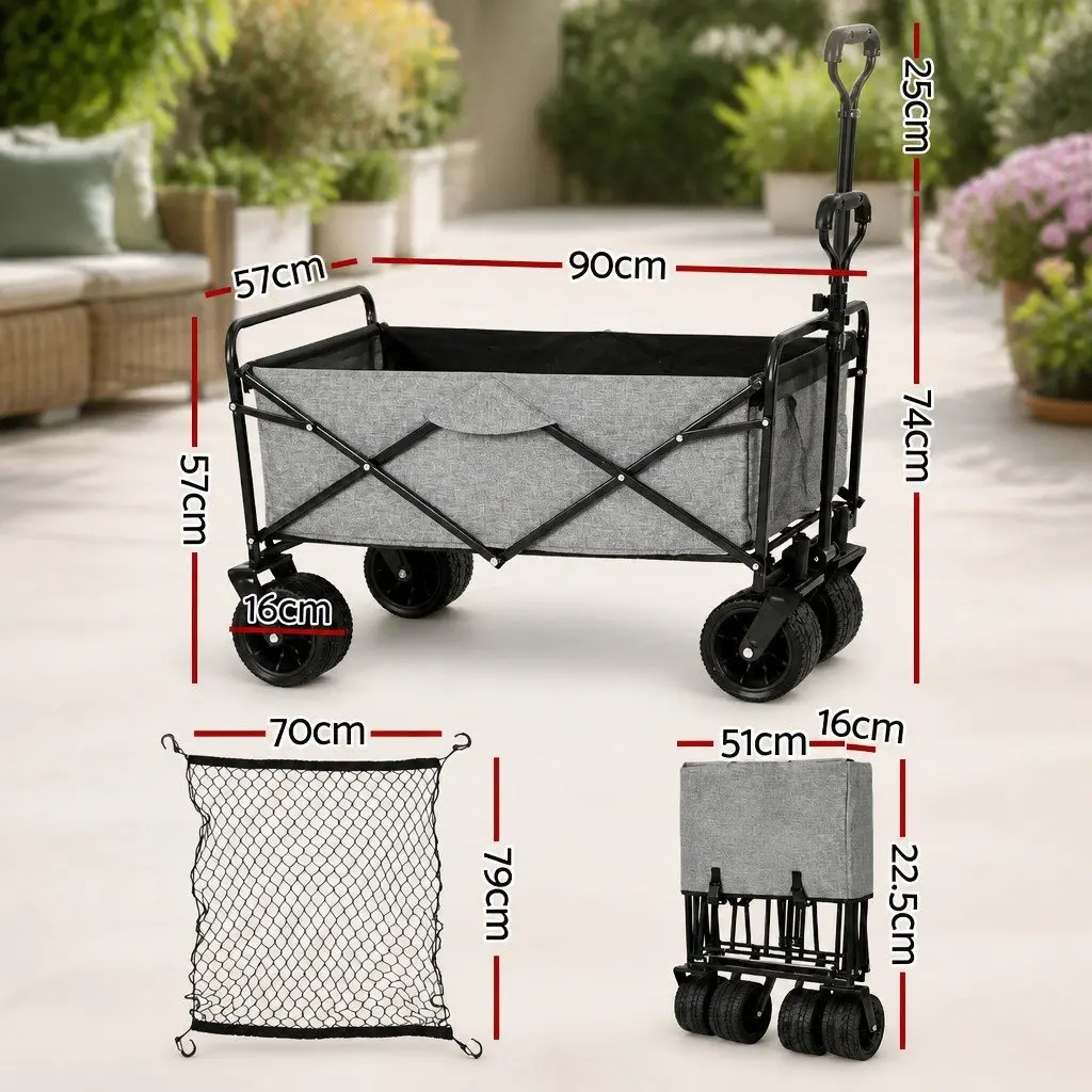 Garden Cart Trolley with Cargo Net Grey Folding Outdoor Storage Heavy Duty