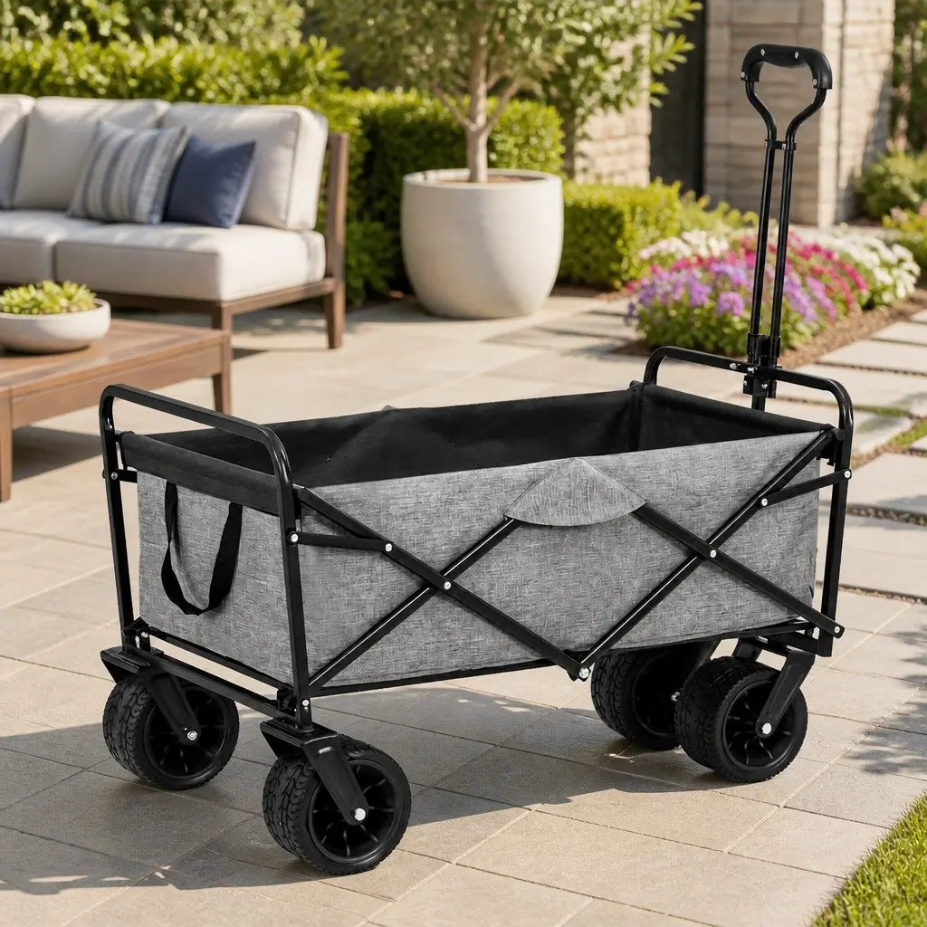 Garden Cart Trolley with Cargo Net Grey Folding Outdoor Storage Heavy Duty
