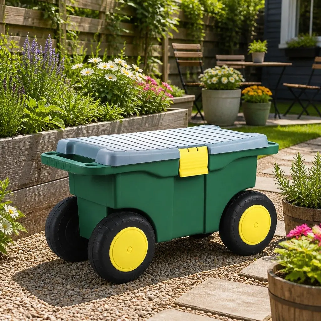 3in1GardenToolStorageCartwithRemovableTrayCompactSeatingWheelsGreen