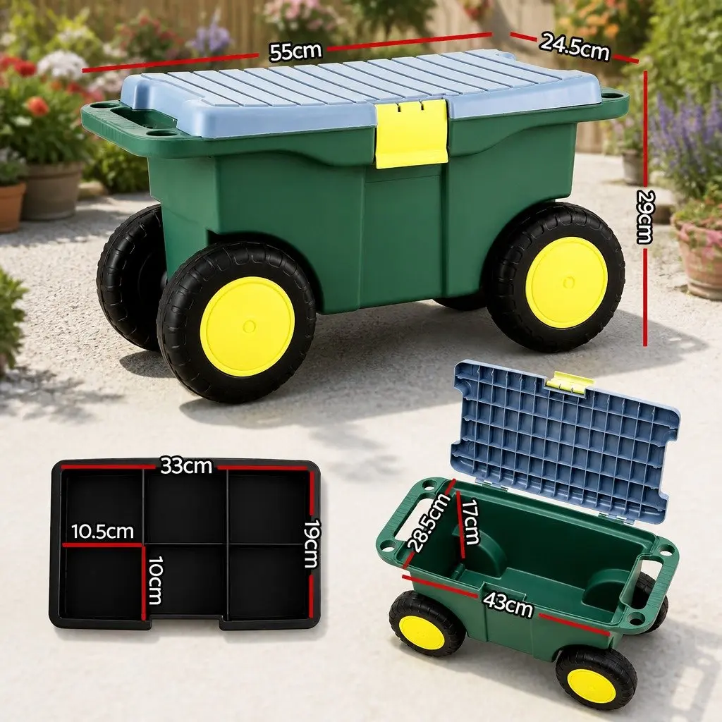 3in1GardenToolStorageCartwithRemovableTrayCompactSeatingWheelsGreen