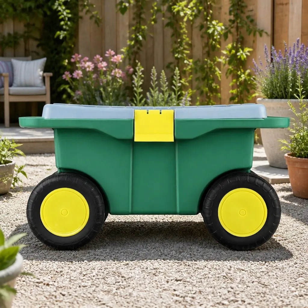 3in1GardenToolStorageCartwithRemovableTrayCompactSeatingWheelsGreen