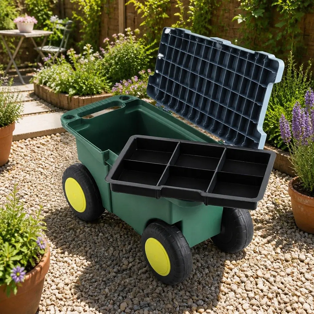 3in1GardenToolStorageCartwithRemovableTrayCompactSeatingWheelsGreen