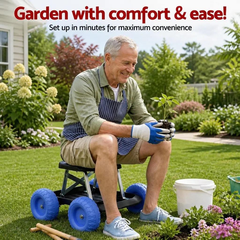 Garden Work Seat Rolling Stool with Tool Tray 46 x 48 x 33 cm