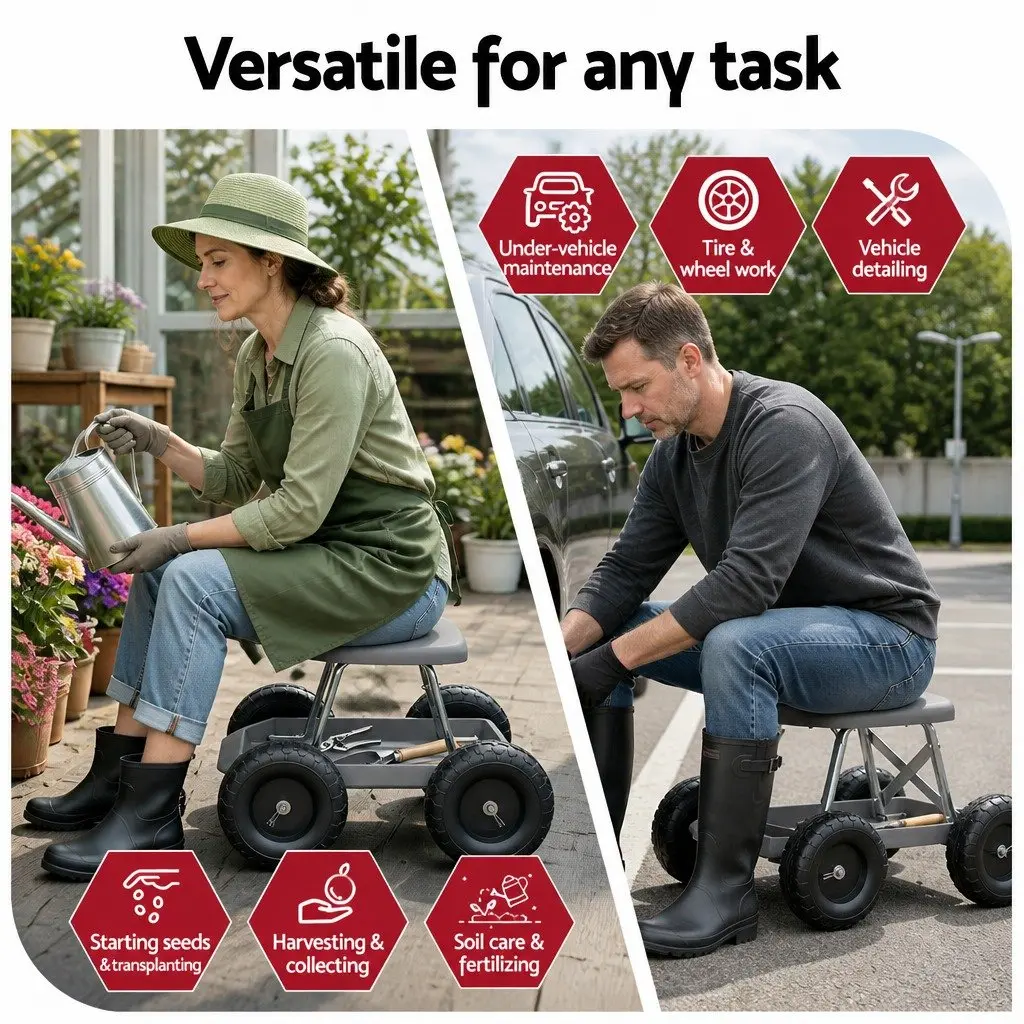 Garden Stool Rolling Seat with Tool Storage Tray Heavy Duty 46 x 48 x 33 cm
