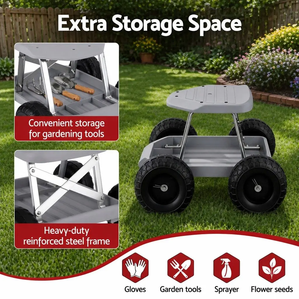 Garden Stool Rolling Seat with Tool Storage Tray Heavy Duty 46 x 48 x 33 cm