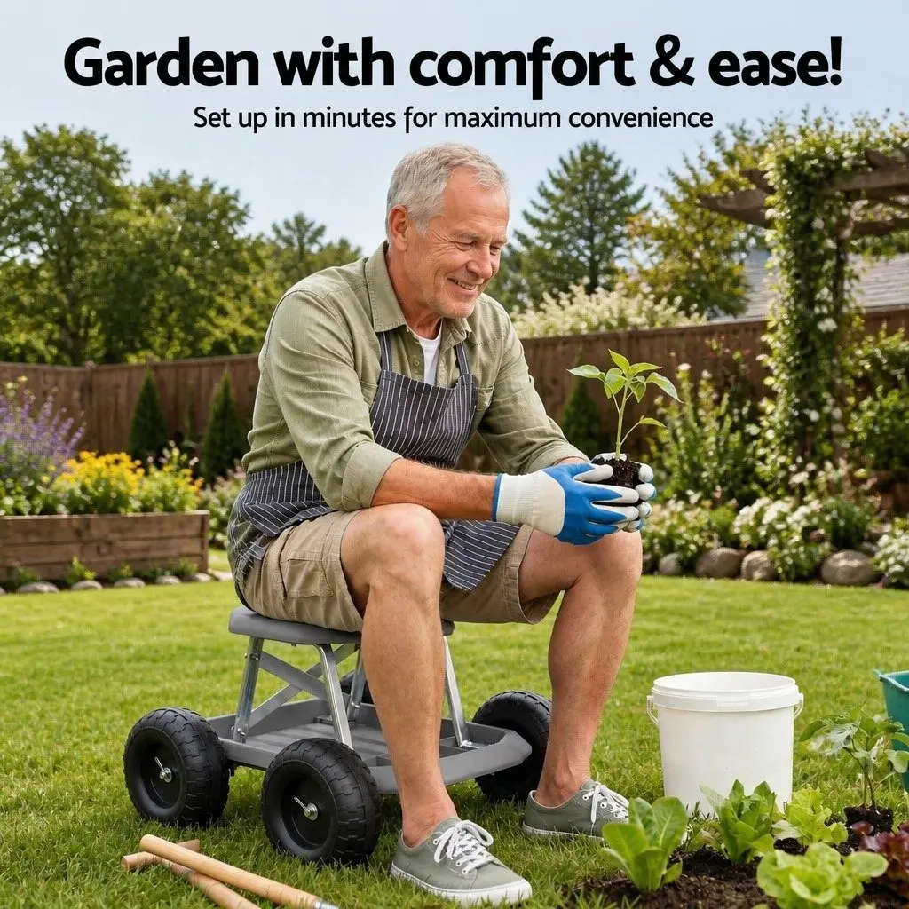 Garden Stool Rolling Seat with Tool Storage Tray Heavy Duty 46 x 48 x 33 cm