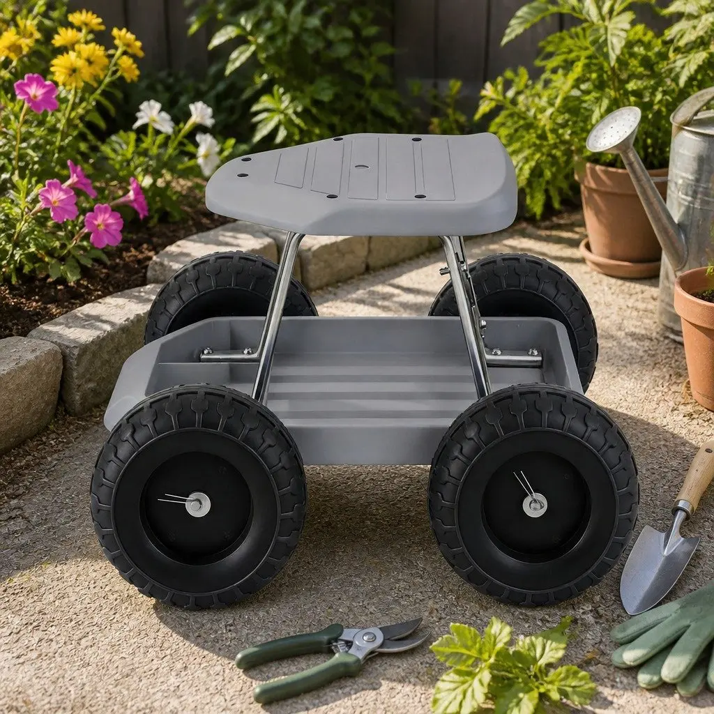 Garden Stool Rolling Seat with Tool Storage Tray Heavy Duty 46 x 48 x 33 cm