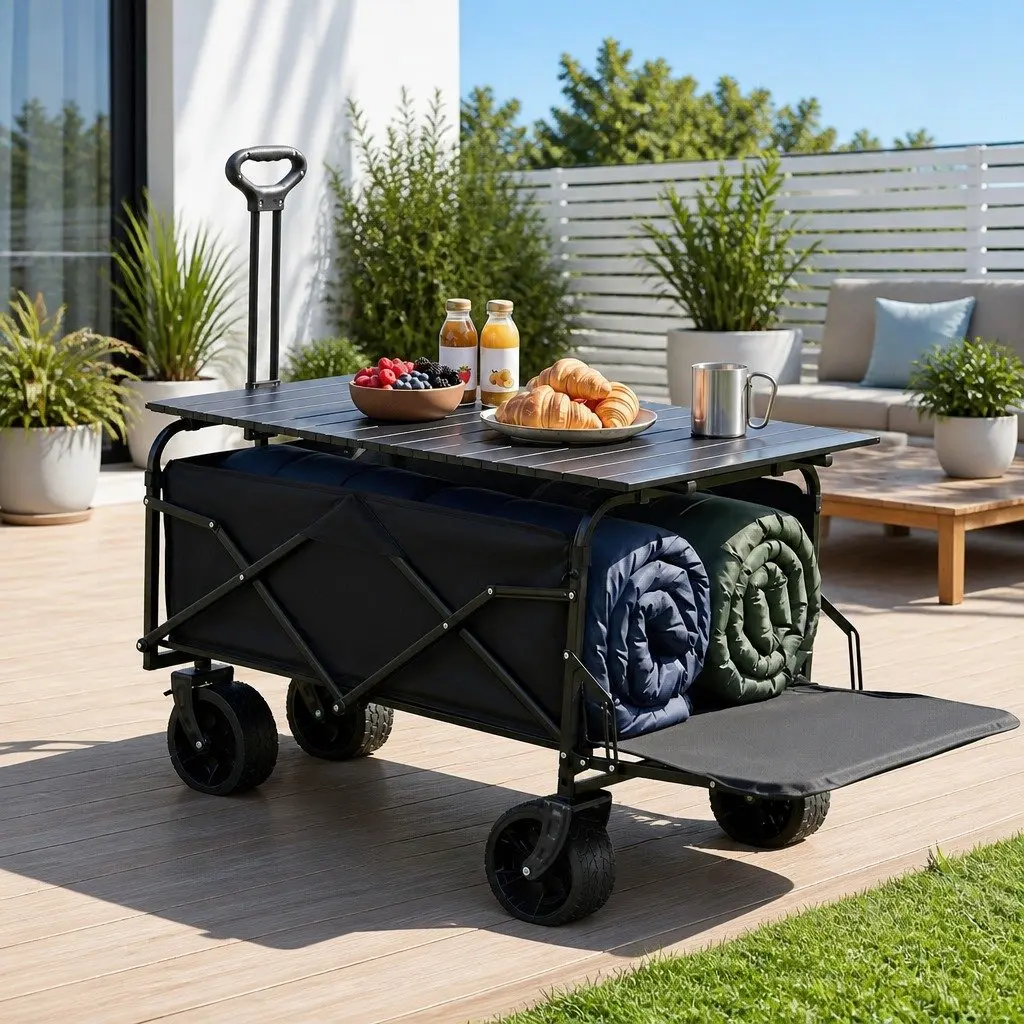 Folding Utility Wagon with Removable Table All Terrain 150L Black Garden