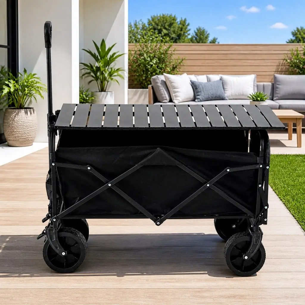 Folding Utility Wagon with Removable Table All Terrain 150L Black Garden