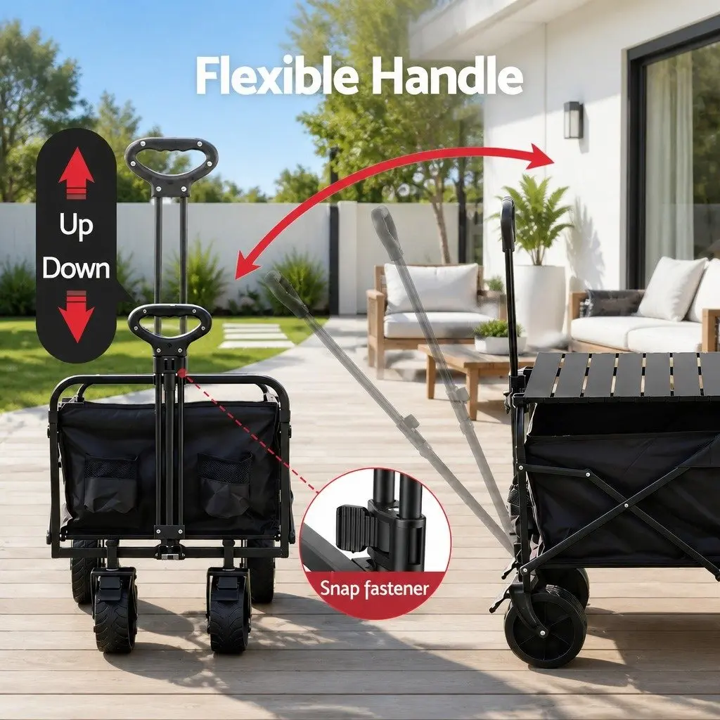 Folding Utility Wagon with Removable Table All Terrain 150L Black Garden