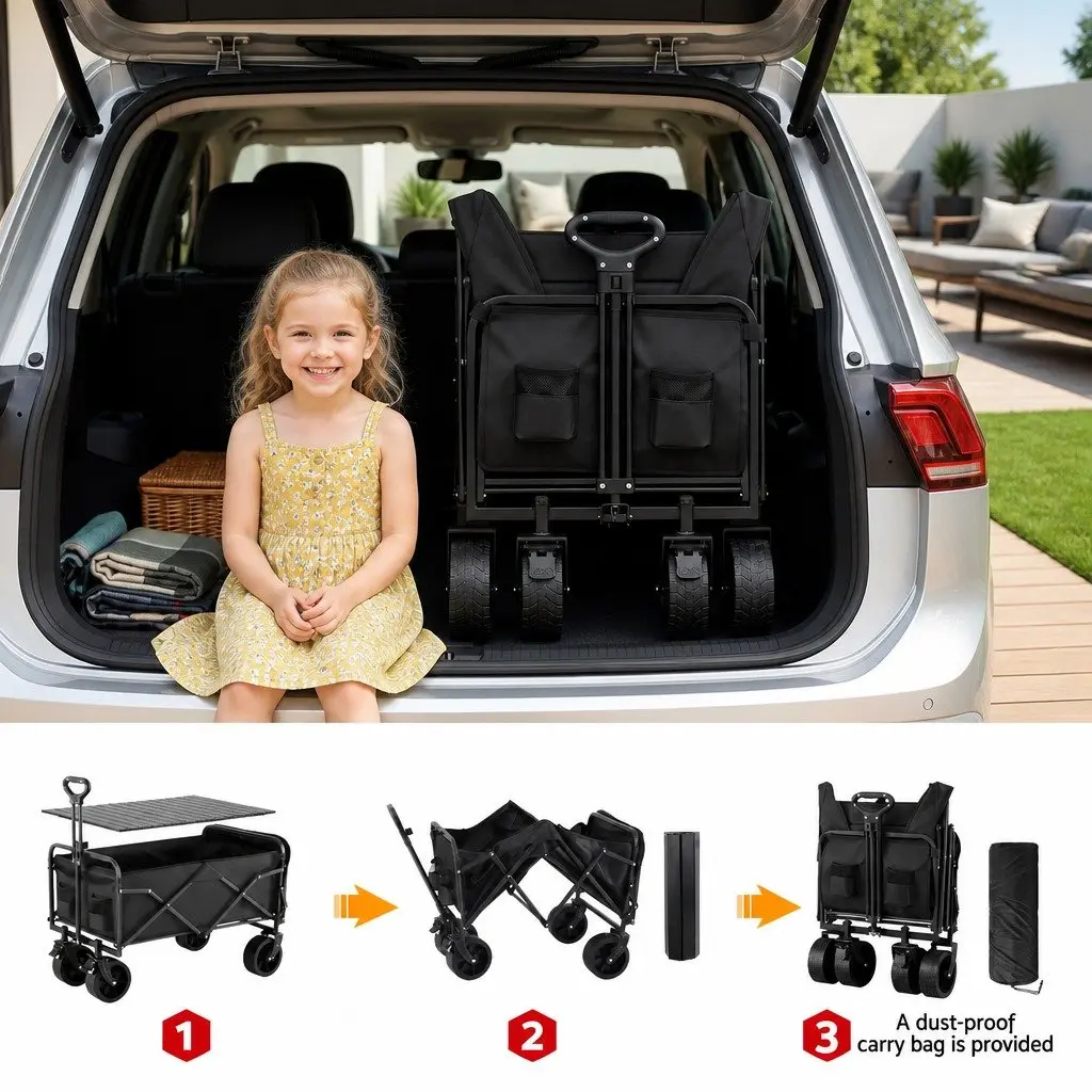 Folding Utility Wagon with Removable Table All Terrain 150L Black Garden