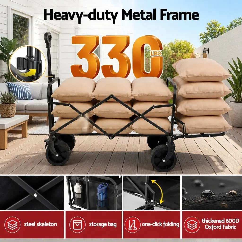 Folding Utility Wagon with Removable Table All Terrain 150L Black Garden