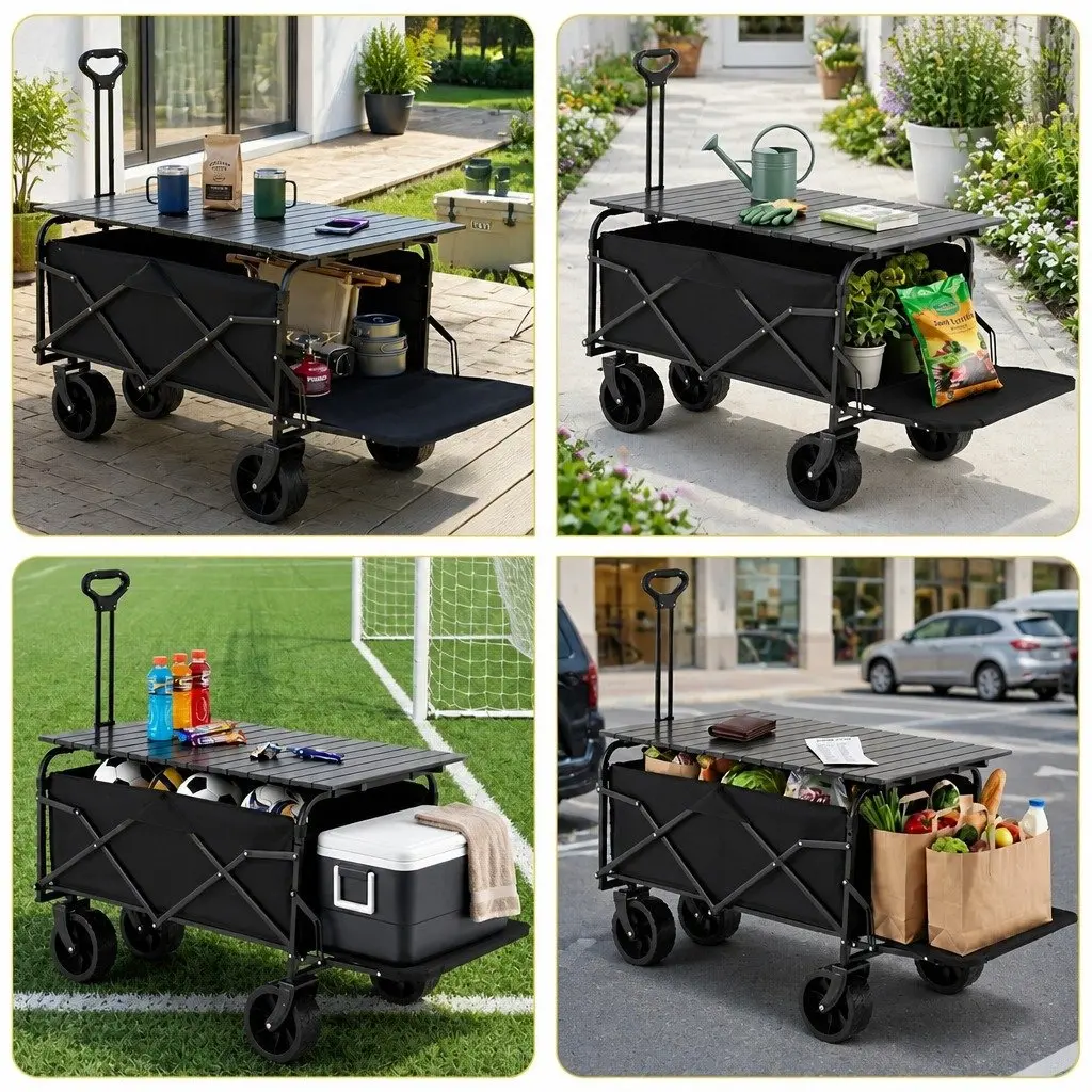Folding Utility Wagon with Removable Table All Terrain 150L Black Garden