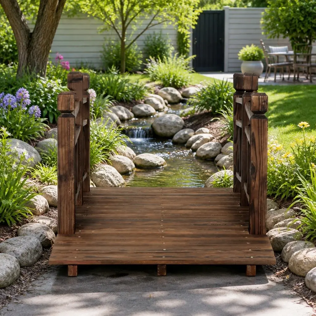 Wooden Garden Bridge 150cm Outdoor Ornament Arch Design with Railings