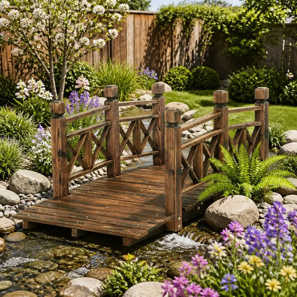 Wooden Garden Bridge 150cm Outdoor Ornament Arch Design with Railings