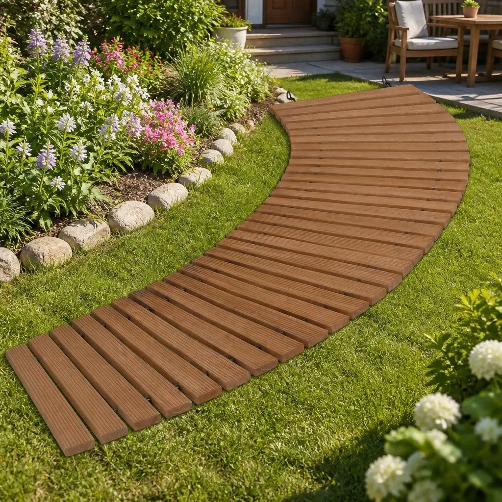 Garden Pathway Roll-Out Wooden 8FT Curved Outdoor Terrain Brown