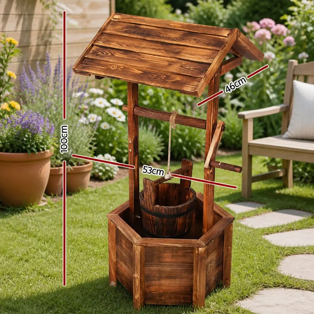 Wooden Wishing Well Garden Ornament Rustic Style Hexagonal Base