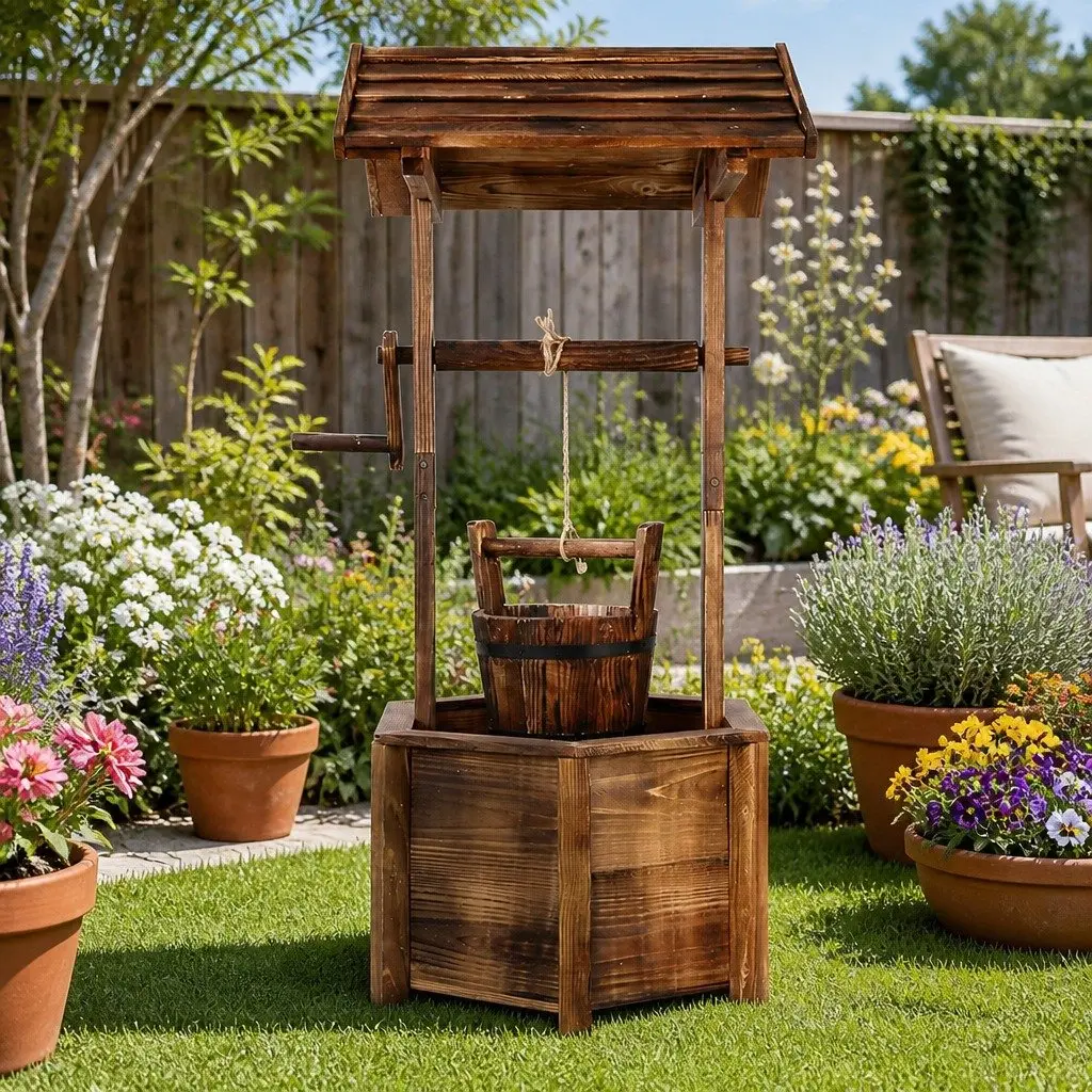 Wooden Wishing Well Garden Ornament Rustic Style Hexagonal Base