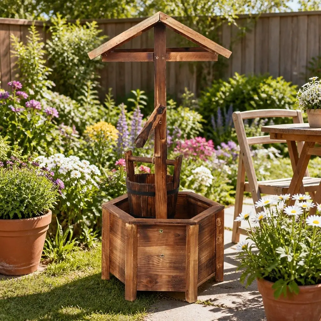 Wooden Wishing Well Garden Ornament Rustic Style Hexagonal Base