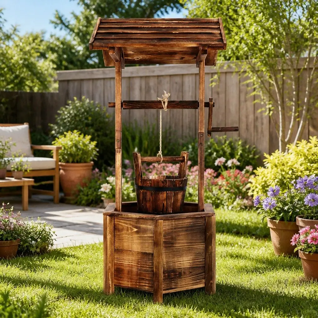 Wooden Wishing Well Garden Ornament Rustic Style Hexagonal Base
