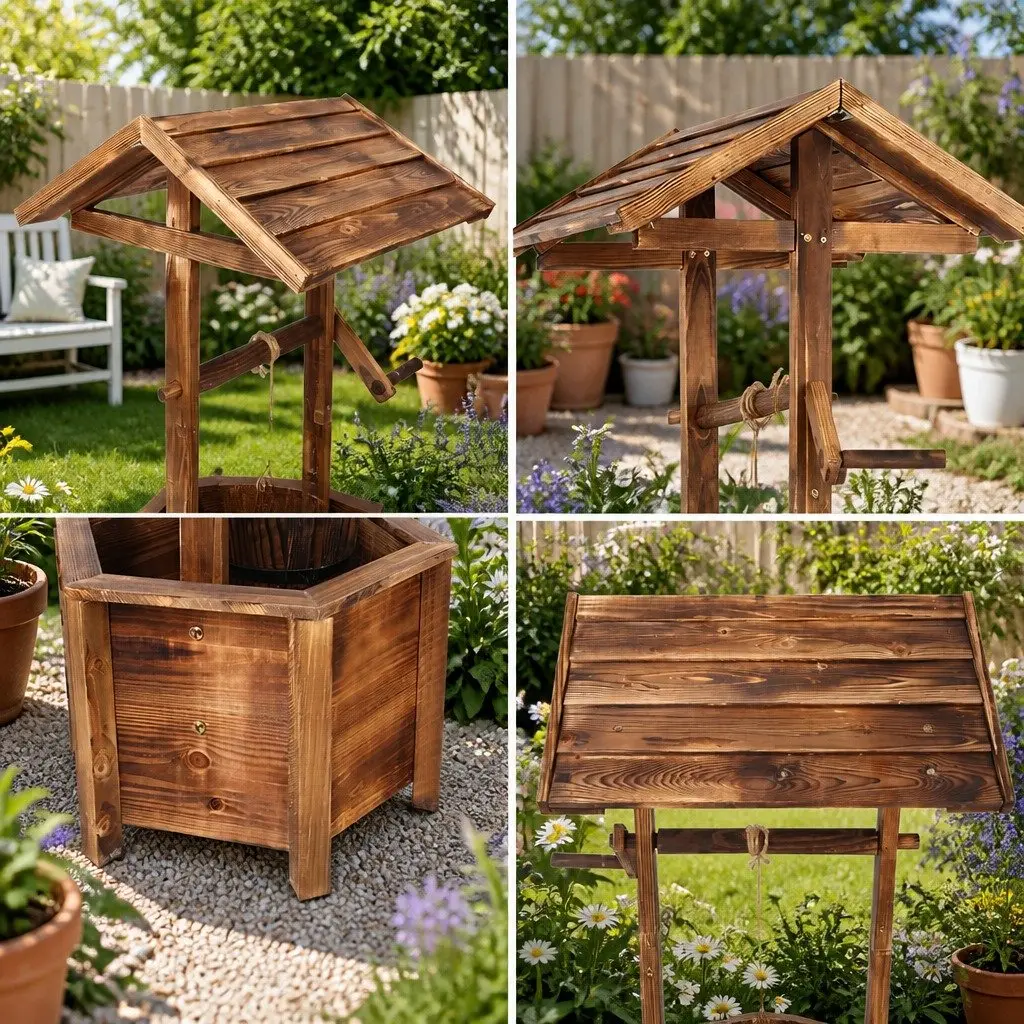 Wooden Wishing Well Garden Ornament Rustic Style Hexagonal Base