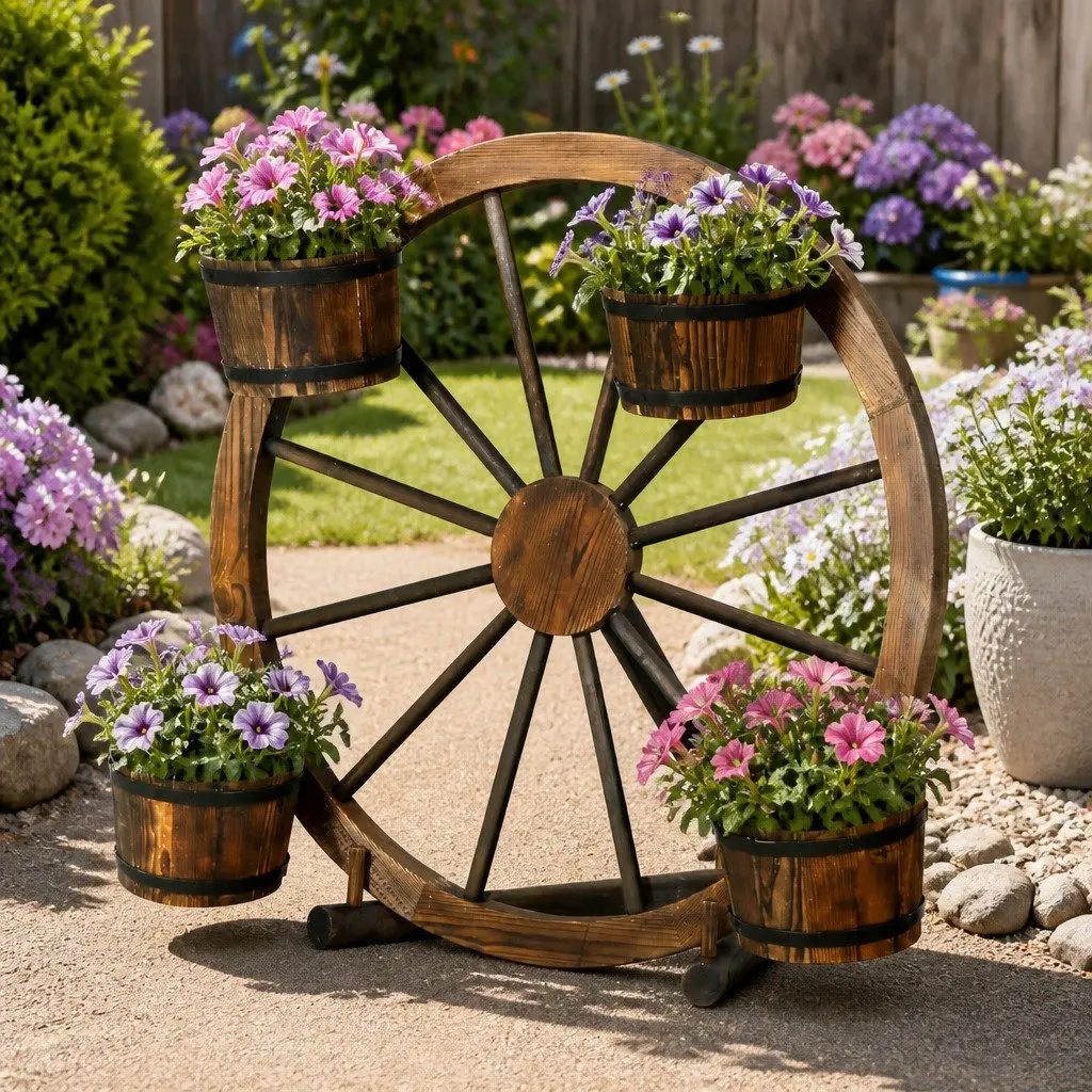 Wooden Wheel Plant Stand 80cm